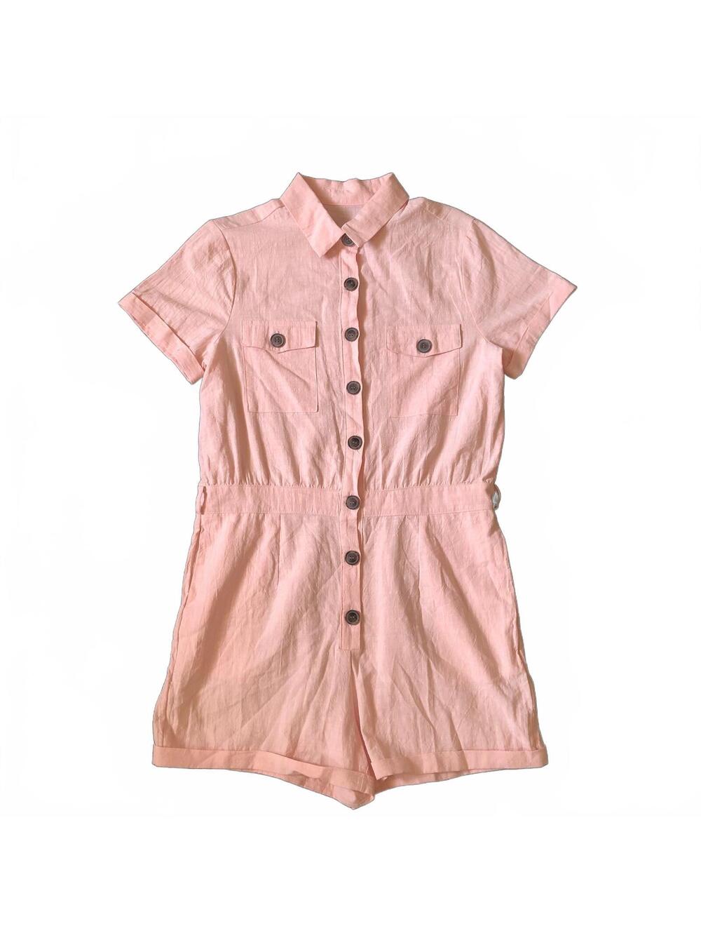Light Pink Cotton Button-Front Short Sleeve Romper - Size S